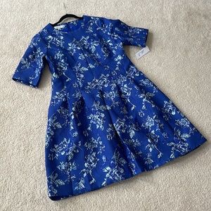 Teri Jon by Rickie Freeman Metallic Jacquard Blue Pleated Dress - NWT - 18
